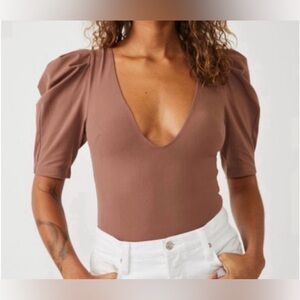 Free People Intimately Deep V-Neck Puff Sleeve Bodysuit Brown Cocoa Small